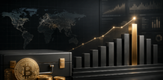 Bitcoin-Treasury mit goldenen BTC-Münzen und ansteigendem Balkendiagramm als Symbol für den wachsenden Bitcoin-Bestand von Strive.