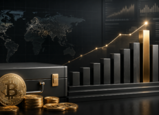 Bitcoin-Treasury mit goldenen BTC-Münzen und ansteigendem Balkendiagramm als Symbol für den wachsenden Bitcoin-Bestand von Strive.