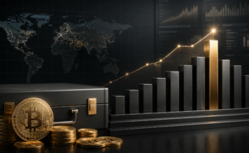 Bitcoin-Treasury mit goldenen BTC-Münzen und ansteigendem Balkendiagramm als Symbol für den wachsenden Bitcoin-Bestand von Strive.