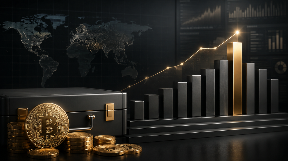 Bitcoin-Treasury mit goldenen BTC-Münzen und ansteigendem Balkendiagramm als Symbol für den wachsenden Bitcoin-Bestand von Strive.