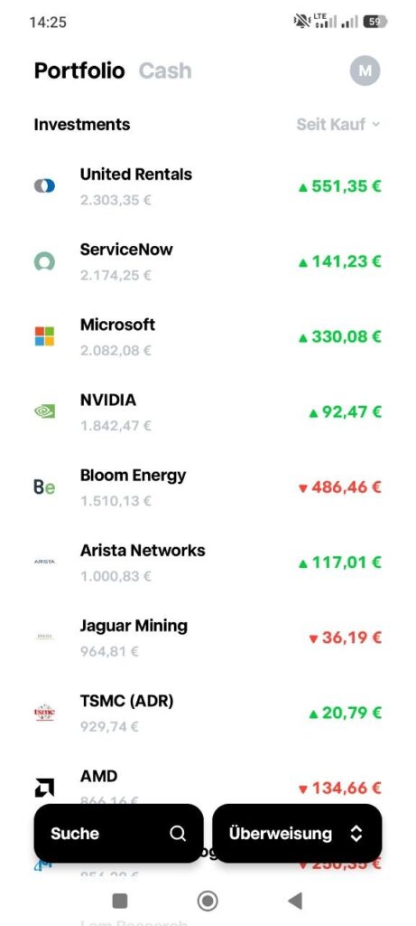 Portfolioübersicht in der Trade Republic App mit Aktienpositionen und deren Wertentwicklung.