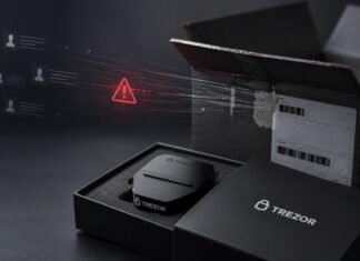 Trezor Hardware-Wallet neben Versandpaket mit Symbol für ein Datenleck