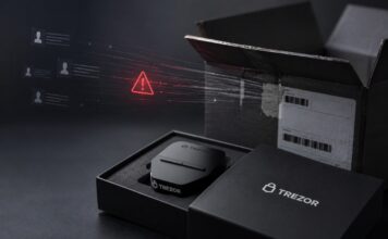 Trezor Hardware-Wallet neben Versandpaket mit Symbol für ein Datenleck