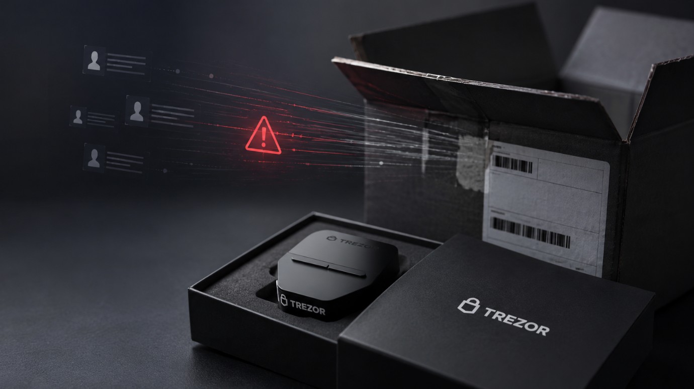 Trezor Hardware-Wallet neben Versandpaket mit Symbol für ein Datenleck