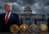 Donald Trump vor dem US-Kapitol mit Bitcoin, Ethereum, XRP und Solana zum Streit über den Clarity Act