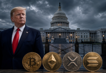Donald Trump vor dem US-Kapitol mit Bitcoin, Ethereum, XRP und Solana zum Streit über den Clarity Act