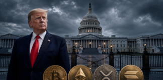 BREAKING: Clarity Act Entscheidung verschoben auf September Donald Trump vor dem US-Kapitol mit Bitcoin, Ethereum, XRP und Solana zum Streit über den Clarity Act