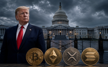 BREAKING: Clarity Act Entscheidung verschoben auf September Donald Trump vor dem US-Kapitol mit Bitcoin, Ethereum, XRP und Solana zum Streit über den Clarity Act