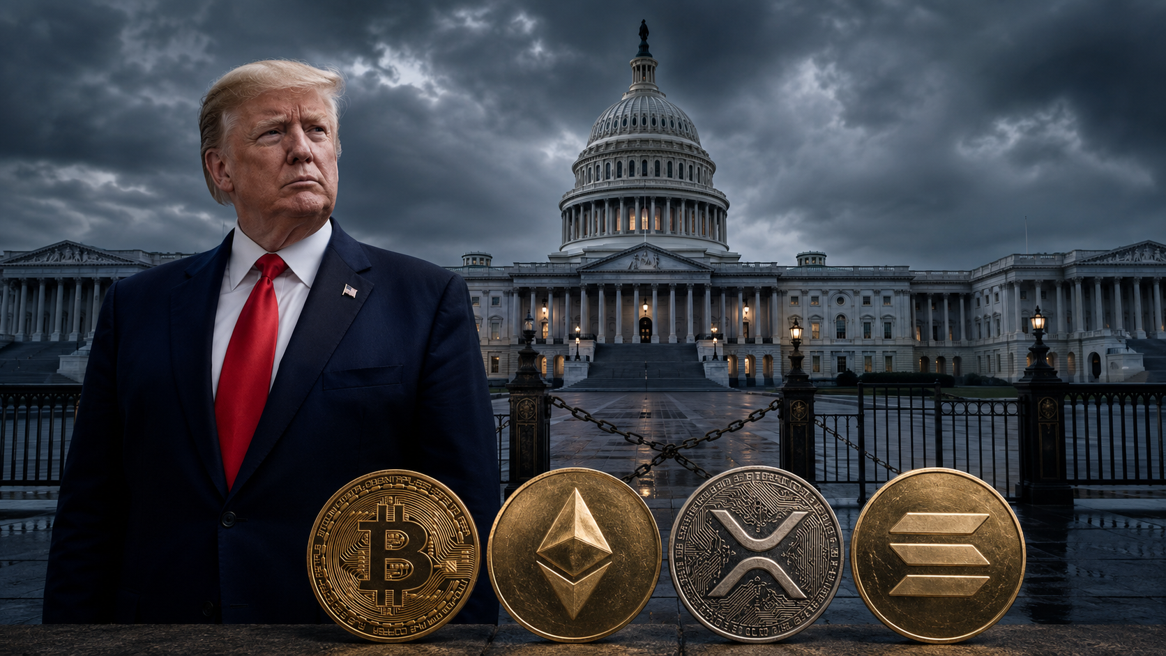 Donald Trump vor dem US-Kapitol mit Bitcoin, Ethereum, XRP und Solana zum Streit über den Clarity Act