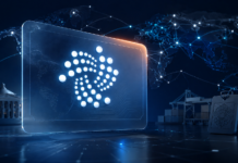 Zentrales IOTA-Logo auf einem digitalen Zertifikat vor einer weltweit vernetzten Karte