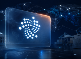 IOTA im Hintergrund: Dieser Use Case erreicht über 600 Institutionen Zentrales IOTA-Logo auf einem digitalen Zertifikat vor einer weltweit vernetzten Karte