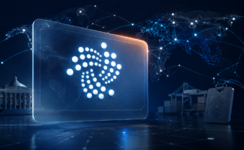 Zentrales IOTA-Logo auf einem digitalen Zertifikat vor einer weltweit vernetzten Karte