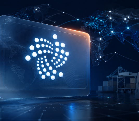 Zentrales IOTA-Logo auf einem digitalen Zertifikat vor einer weltweit vernetzten Karte