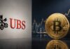 Die größte Bank der Schweiz setzt auf steigenden Bitcoin-Kurs UBS und Bitcoin vor einem Finanzmarkt-Hintergrund mit steigendem Kurschart