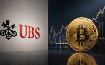 Die größte Bank der Schweiz setzt auf steigenden Bitcoin-Kurs UBS und Bitcoin vor einem Finanzmarkt-Hintergrund mit steigendem Kurschart