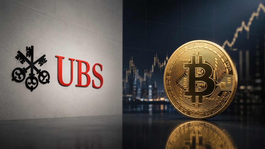 UBS und Bitcoin vor einem Finanzmarkt-Hintergrund mit steigendem Kurschart