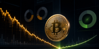 Goldene Bitcoin-Münze vor einem Kurschart, der am Tiefpunkt in eine Erholung übergeht.