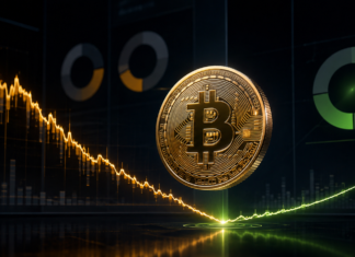 Goldene Bitcoin-Münze vor einem Kurschart, der am Tiefpunkt in eine Erholung übergeht.
