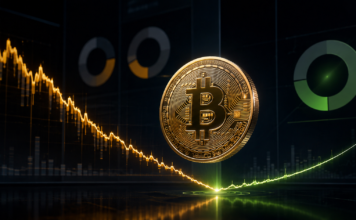 Goldene Bitcoin-Münze vor einem Kurschart, der am Tiefpunkt in eine Erholung übergeht.