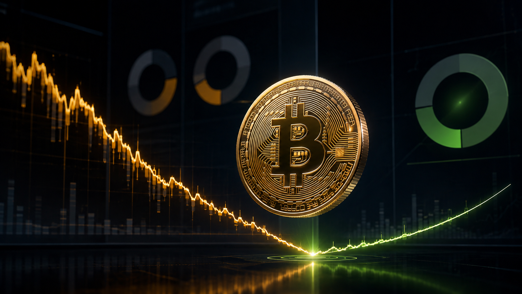 Goldene Bitcoin-Münze vor einem Kurschart, der am Tiefpunkt in eine Erholung übergeht.