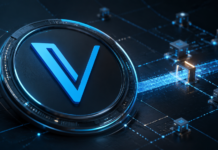 VeChain rückt näher an Ethereum: Interstellar bekommt grünes Licht VeChain-Logo vor einem digitalen Netzwerk zum Interstellar-Upgrade