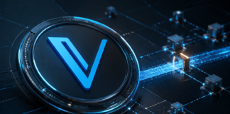 VeChain-Logo vor einem digitalen Netzwerk zum Interstellar-Upgrade