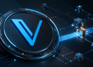 VeChain-Logo vor einem digitalen Netzwerk zum Interstellar-Upgrade