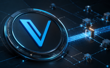 VeChain-Logo vor einem digitalen Netzwerk zum Interstellar-Upgrade