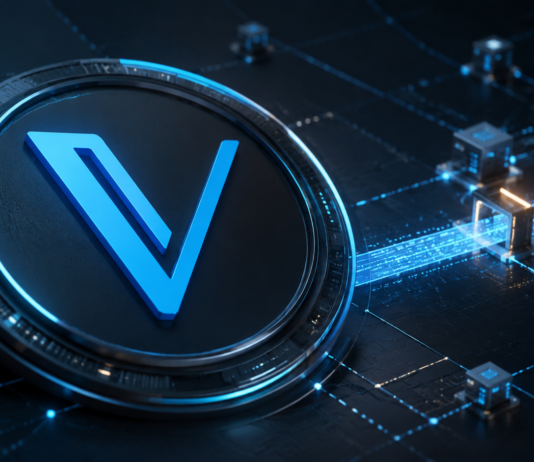 VeChain-Logo vor einem digitalen Netzwerk zum Interstellar-Upgrade