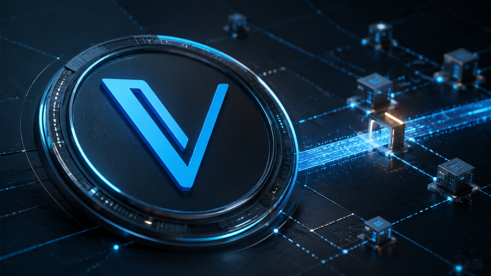 VeChain-Logo vor einem digitalen Netzwerk zum Interstellar-Upgrade