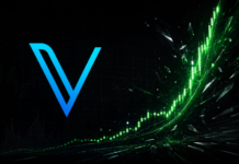 VeChain-Logo vor dunklem Finanzhintergrund mit steil ansteigendem grünem Kurschart, der eine starke VET-Kursrallye symbolisiert.
