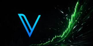 VeChain-Logo vor dunklem Finanzhintergrund mit steil ansteigendem grünem Kurschart, der eine starke VET-Kursrallye symbolisiert.