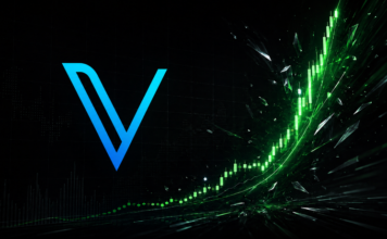 VeChain-Kurs springt um 27 Prozent: Interstellar-Upgrade treibt VET VeChain-Logo vor dunklem Finanzhintergrund mit steil ansteigendem grünem Kurschart, der eine starke VET-Kursrallye symbolisiert.