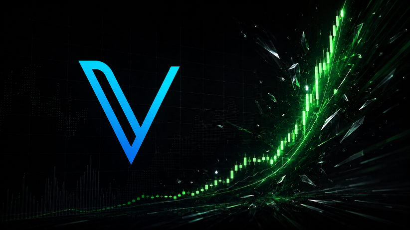 VeChain-Logo vor dunklem Finanzhintergrund mit steil ansteigendem grünem Kurschart, der eine starke VET-Kursrallye symbolisiert.