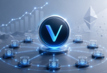Zentriertes VeChain-Logo auf einer leuchtenden Plattform, umgeben von vernetzten Blockchain-Knoten; im Hintergrund ein aufsteigendes Kursdiagramm und ein Ethereum-Symbol in kühlem Blau-Grau.