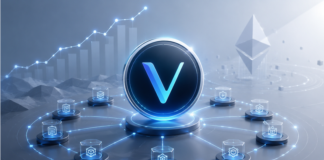 Zentriertes VeChain-Logo auf einer leuchtenden Plattform, umgeben von vernetzten Blockchain-Knoten; im Hintergrund ein aufsteigendes Kursdiagramm und ein Ethereum-Symbol in kühlem Blau-Grau.