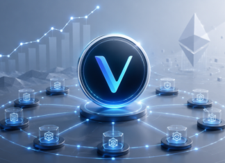 Zentriertes VeChain-Logo auf einer leuchtenden Plattform, umgeben von vernetzten Blockchain-Knoten; im Hintergrund ein aufsteigendes Kursdiagramm und ein Ethereum-Symbol in kühlem Blau-Grau.