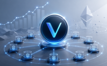 Zentriertes VeChain-Logo auf einer leuchtenden Plattform, umgeben von vernetzten Blockchain-Knoten; im Hintergrund ein aufsteigendes Kursdiagramm und ein Ethereum-Symbol in kühlem Blau-Grau.