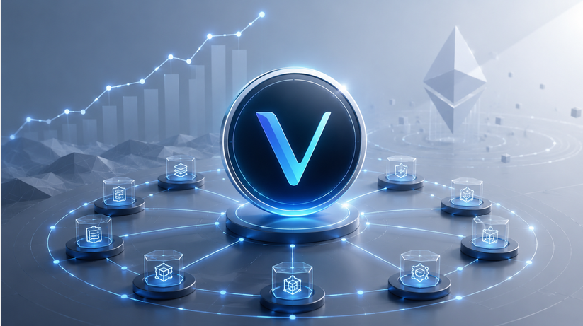 Zentriertes VeChain-Logo auf einer leuchtenden Plattform, umgeben von vernetzten Blockchain-Knoten; im Hintergrund ein aufsteigendes Kursdiagramm und ein Ethereum-Symbol in kühlem Blau-Grau.
