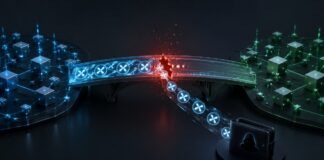 Illustration eines Bridge-Exploits im Ripple-Umfeld: XRP-Token fließen durch eine beschädigte Blockchain-Brücke in ein Wallet des Angreifers.