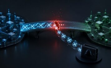 Ripple-Ökosystem betroffen: Hacker erbeutet 200.000 XRP über Bridge Illustration eines Bridge-Exploits im Ripple-Umfeld: XRP-Token fließen durch eine beschädigte Blockchain-Brücke in ein Wallet des Angreifers.