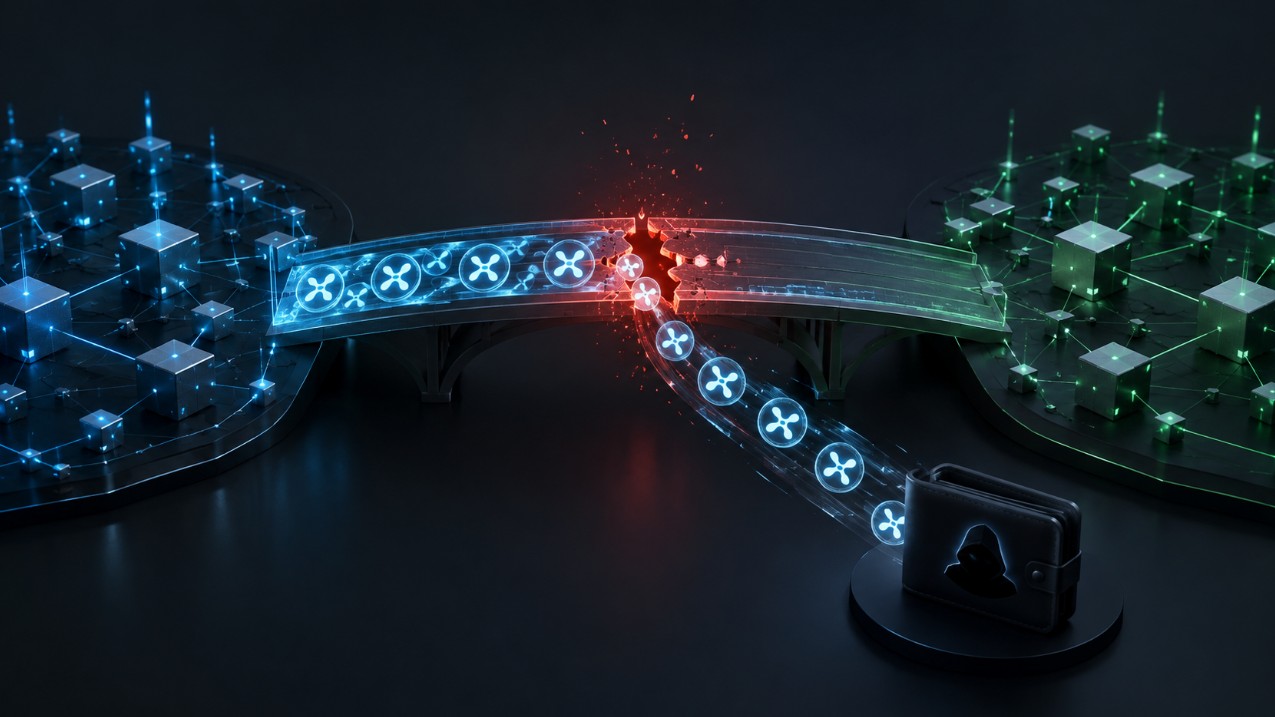 Illustration eines Bridge-Exploits im Ripple-Umfeld: XRP-Token fließen durch eine beschädigte Blockchain-Brücke in ein Wallet des Angreifers.