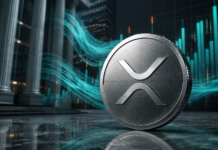 XRP-Münze vor Bankgebäuden und steigenden Kapitalbalken als Symbol für institutionelle ETF-Zuflüsse
