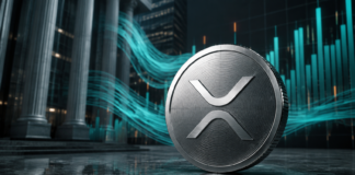 XRP-Münze vor Bankgebäuden und steigenden Kapitalbalken als Symbol für institutionelle ETF-Zuflüsse
