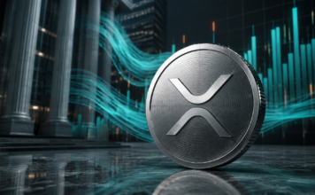 XRP-ETF-Investoren für Q2 2026 enthüllt: Goldman, Jane Street und Millennium führen XRP-Münze vor Bankgebäuden und steigenden Kapitalbalken als Symbol für institutionelle ETF-Zuflüsse