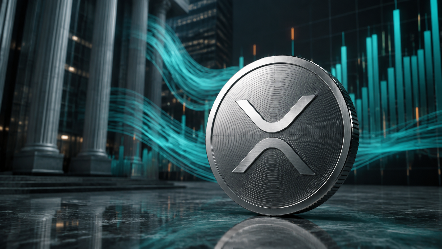 XRP-Münze vor Bankgebäuden und steigenden Kapitalbalken als Symbol für institutionelle ETF-Zuflüsse