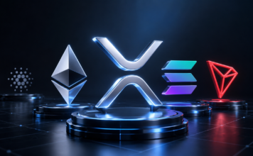XRP, Ethereum, Solana und Tron im Vordergrund, während Cardano abseits im Schatten steht