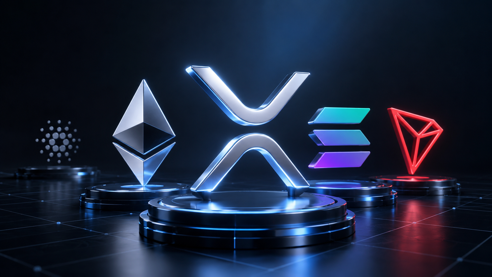 XRP, Ethereum, Solana und Tron im Vordergrund, während Cardano abseits im Schatten steht