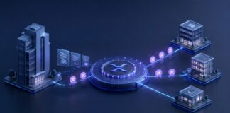 Ripple bringt institutionelle Kredite mit Clearpool und Cicada auf den XRP Ledger Illustration eines institutionellen Kreditnetzwerks auf dem XRP Ledger: Ein zentrales XRP-Symbol verbindet ein großes Unternehmensgebäude mit mehreren kleineren Firmenstandorten, während leuchtende Token und digitale Vertragsdokumente den Fluss von RLUSD-Krediten darstellen.