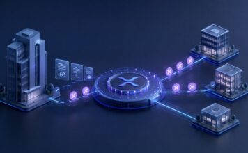 Ripple bringt institutionelle Kredite mit Clearpool und Cicada auf den XRP Ledger Illustration eines institutionellen Kreditnetzwerks auf dem XRP Ledger: Ein zentrales XRP-Symbol verbindet ein großes Unternehmensgebäude mit mehreren kleineren Firmenstandorten, während leuchtende Token und digitale Vertragsdokumente den Fluss von RLUSD-Krediten darstellen.